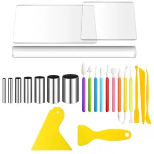 A Set of 24 Pcs Clay Sculpting Tools Kits,Polymer Clay DIY Tools with Roller,Acrylic Sheet,Scraper Backing Board,Round Circle Shape Cutter,Shaping for Art Craft,Hand Tools Kits