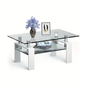 Elegant Modern White Glass Tabletop Coffee Table-Foldable Side Center Table, Metal Frame, Ideal for Living Room Decoration, Easy to Assemble, Living Room Coffee Table