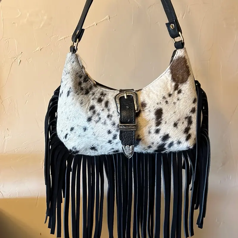 Yuly Small Black Cowhide Leather Buckle Shoulder Purse with Fringe
