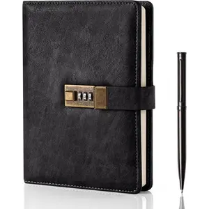 Diary with Lock, A5 PU Leather Journal 240 Pages, Vintage Password Lock Journal Notebook with Pen, Diary Planner Organizer for Men and Women, 8.6x5.8in Black