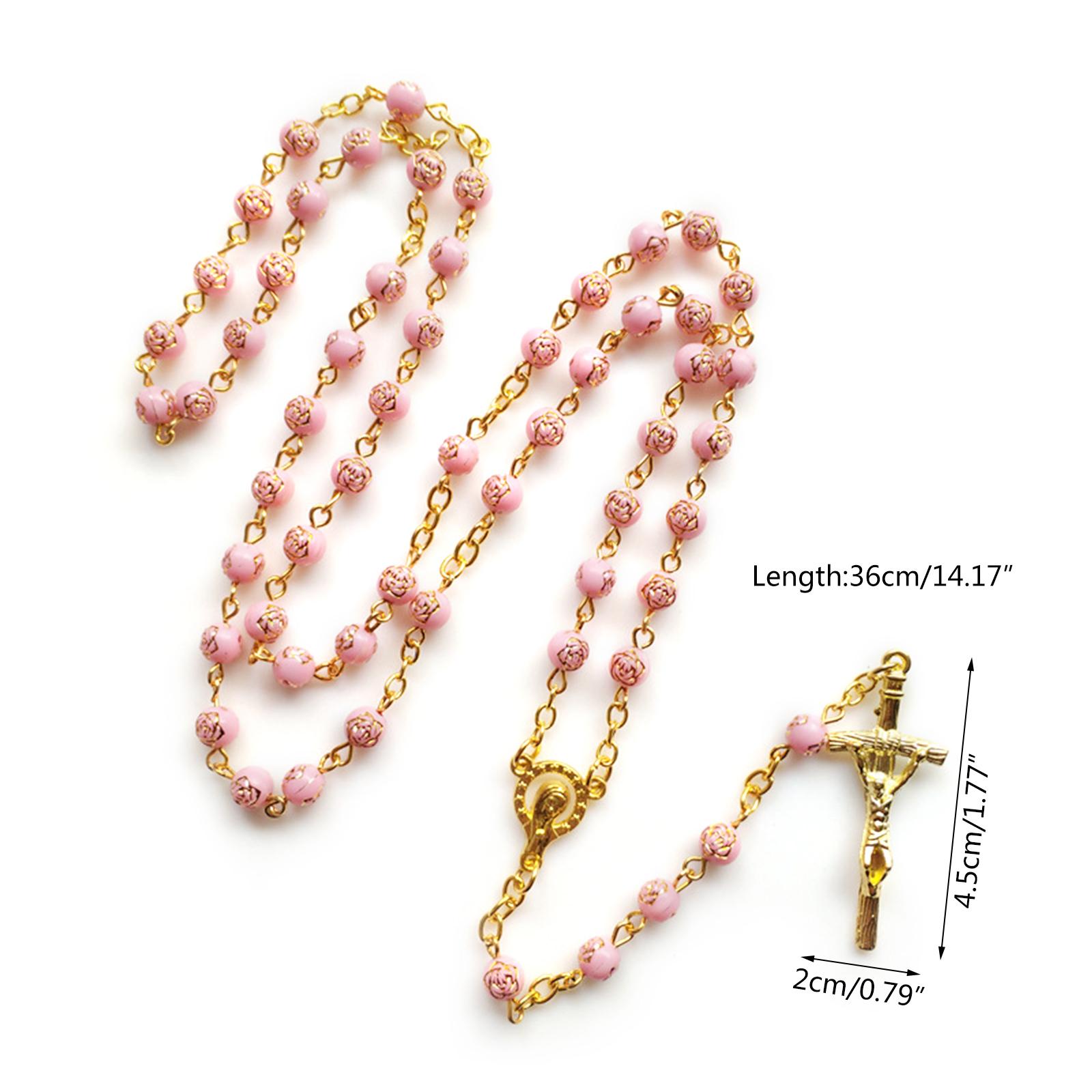 6mm Rose Beads Rosary Necklace with Jesus Crucifix for Cross Pendant Necklaces Catholic Prayer Gifts Men Women Jewelry