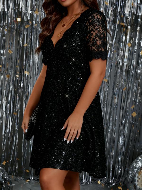 New Elegant Fashion Plus Size Women's Solid Color Sparkling Petal Neck Lace Patchwork Sleeve Dress, Stylish Luxurious Party Dress