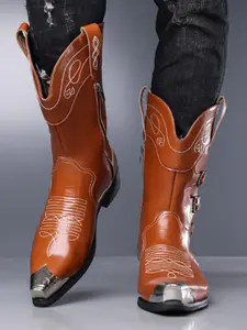 Men's Western Cowboy Boots, Vintage Embroidered Side Zipper, Metal Toe Decor, Trendy Street Style, Comfortable Mid-Calf Boots, Footwear