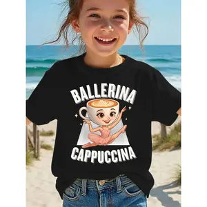 Girls' Ballerina Cappuccino Print Short Sleeve T-Shirt - Italian Dance Theme Pink Tutu & Coffee Cup Design with BALERINA CAPPUCCINA Lettering, Casual Summer Top for Ballet Costumes & Casual Attire