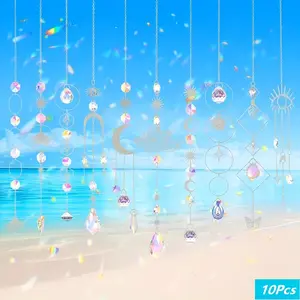 10pcs Colorful Crystal Light Catcher Hanging Decorations, Rainbow Crystal Ball Pendant with Chain, Indoor Outdoor Party Decoration