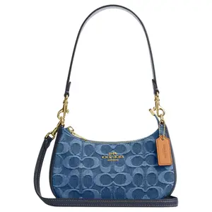 COACH Teri 19 Mini Denim Shoulder Bag with Logo Print in Gold and Indigo for Women