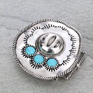 Western Cowboy Hat Belt Buckle Burnished Silver with Turquoise Color Accents ( belt not included)