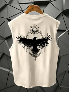 Dark Viking Raven Print Sleeveless Vest, Nordic Rune Totem Street Style Streetwear, Loose Fit Sporty Tank Top, Fashionable Casual Wear