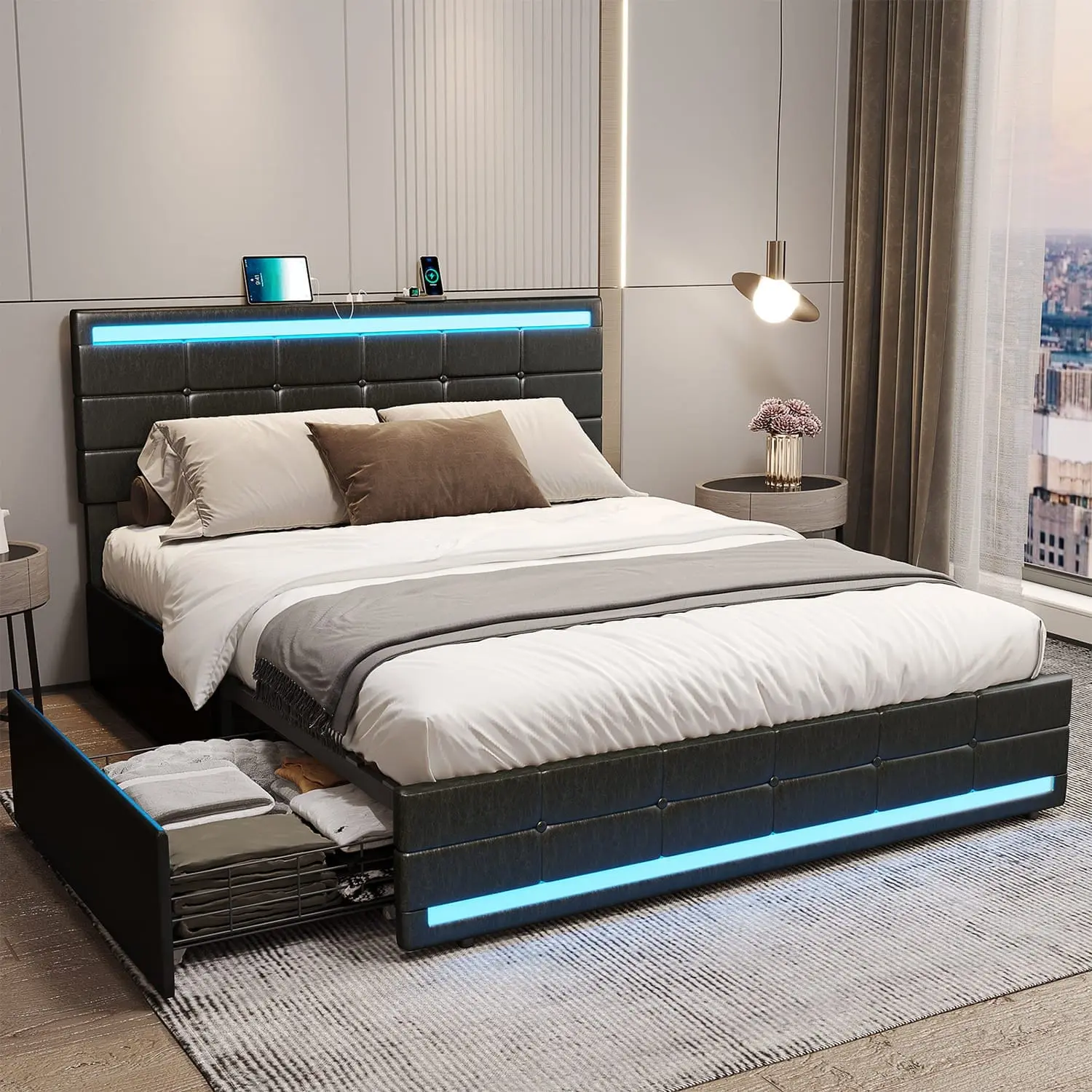 SIKAIC Black LED Platform Bed Frame with Led Lit Headboard, 4 Storage Drawers, Charging Station, PU Leather Upholstery, No Box Spring Needed - Full Size, Queen, Double (Headboard & Storage Drawers Design), Headboard And Storage