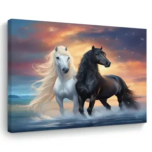 Starry Sky and Black and White Horse Artistic Canvas Wall Art, 1 Piece Wooden Frame Print, Suitable for Living Room, Bedroom, Kitchen - Home and Office Decoration, Ideal Holiday Gift, Horse Wall Art, Perfect Room Decoration