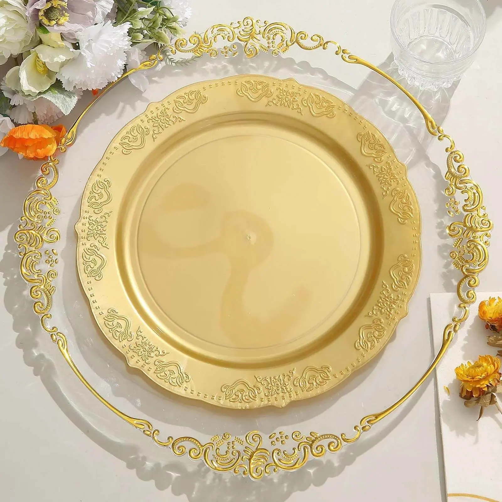 10-Pack 10 in Gold Embossed Floral Scalloped Edge Plastic Plates - Disposable Festival Party Tableware, Gold Plastic Dinnerware for Weddings & Banquets, Not Microwave or Dishwasher Safe, Embossing