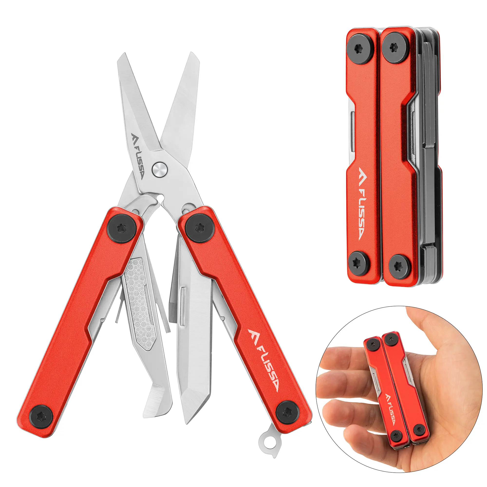#summersale FLISSA Multitool Scissors, 11-in-1 Multi Tool Pocket Knife, Stainless Steel Mini Multitool with Bottle Opener, Screwdriver, Aluminum Handles, Spring - EDC for Outdoor, Camping, Hiking, Fishing, Red