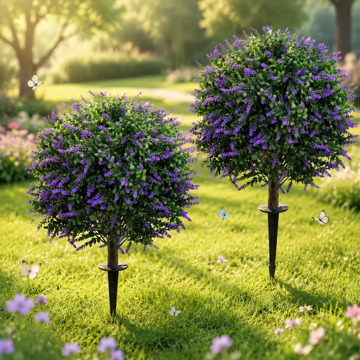 2Pack Density Artificial Lavender Topiary Ball Trees 24-Inch High, Artificial Boxwood Bushes with Ground Spikes, Ultra Realistic UV-Resistant , Plant Decor for Garden, Patio, Bouquet Artificial Plants,Room Decor