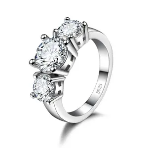 925 Sterling Silver Color 3 CZ Stone Prong Setting Band Rings for Men Women Wedding Engagement Jewelry
