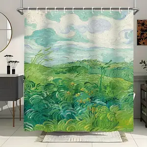 Van Gogh Green Wheat Field Shower Curtain，Cloudy Landscape Extra Large Waterproof Thickened Mildew-Proof Bathroom Partition Curtain for Dry-Wet Separation，Durable Polyester Fabric Included & 12 Hooks for Easy Hanging ,Bathroom Decoration Home Decor