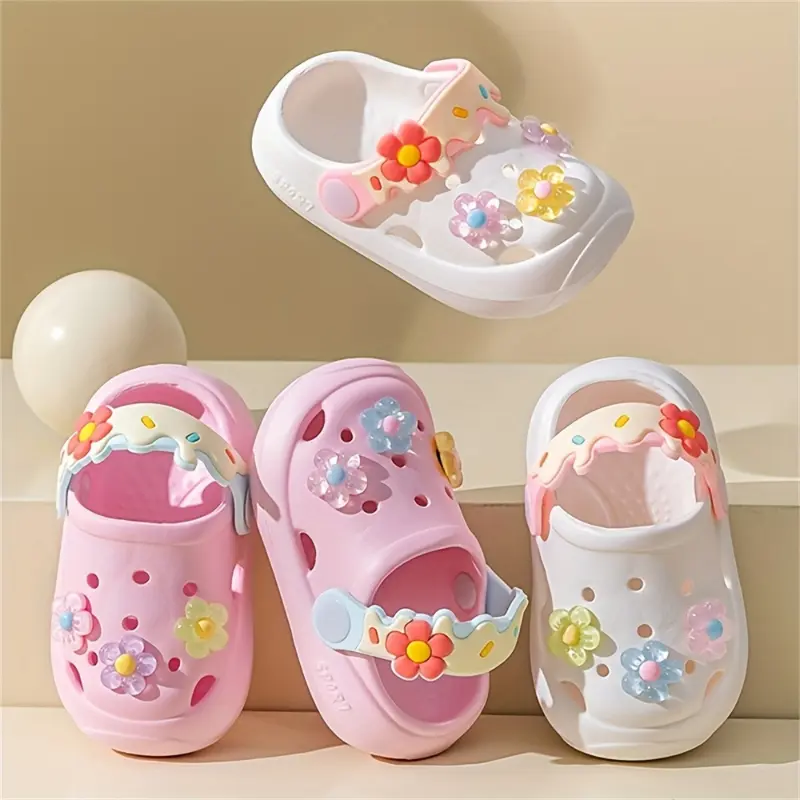 Girls' Slip-On Clogs - Breathable, Quick-Drying, Lightweight, Anti-Slip Sandals with Cute Flower Charms, Floral Cut-Out Design for Indoor, Outdoor Use (Pink)
