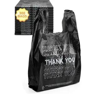 300 Count Thank You Plastic Bags, 12" x 6" x 22", 15 Mic Black T Shirt Grocery Bags with Handles, Ideal for Restaurants, Retail, Grocery Stores, Takeout, Convenience Stores