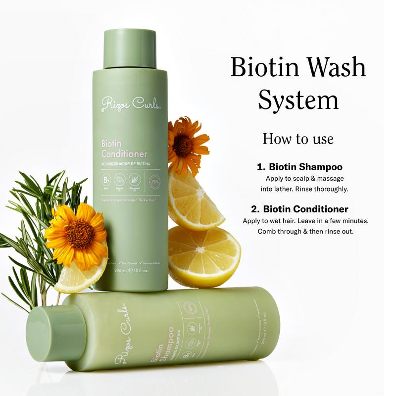 Rizos Curls Biotin Shampoo - Nourishing Cleanser with Biotin & Batana Oil for Frizz-Free Stronger Hair Vegan Cruelty-Free Oat Protein Rosemary Lengthening Volumizing Hydrate Conditioner