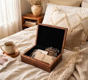 Large Wooden Memory Keepsake Box with Hidden Lock Hand carved Photo Storage Organizer for Her