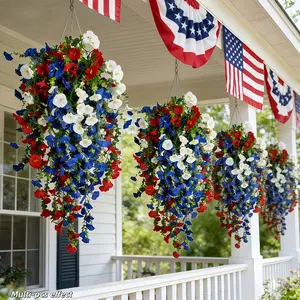 A Set of Three Artificial Patriotic Flowers in Red, White, And Blue, Perfect for Hanging Decorations. These Faux Floral Arrangements Are Ideal for July 4Th Celebrations, Weddings, And Seasonal Home Decor, Suitable for Gardens, Courtyards