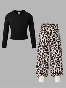 Girls' Spring & Fall Casual Leopard Print Set, Round Neck Long Sleeve Top + Elastic Waist Leopard Pants, Trendy 2-Piece Clothing for Kids