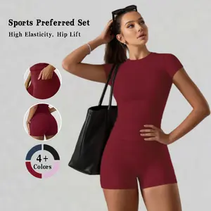 Women's Shorts Yoga Set - Short Sleeve Crew Neck T-shirt & High-Waisted Shorts with Pockets - Solid Seamless Tracksuit for Summer Activities - 83% Nylon 17% Elastane Material