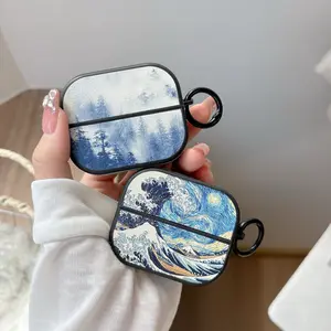 For Samsung Galaxy Buds 3/Buds 3 Pro Case Art oil Painting Printing Moonlight Waves Leather Earphone Protective Case Designed For Boys and Girls With Black Hook Earbuds