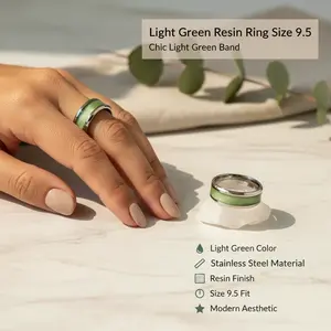 Stainless Steel Ring with Glittery Light Green Resin Inlay Size 9.5