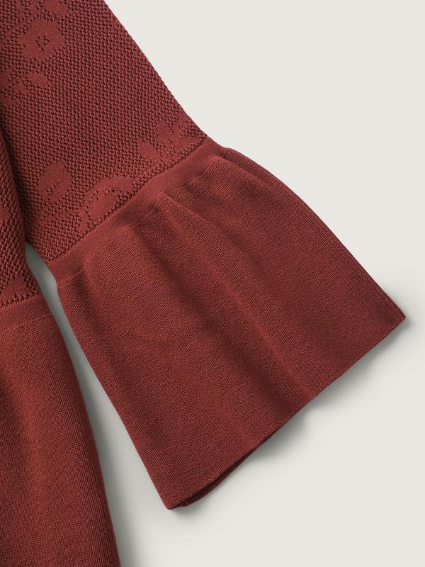 BloomChic Maroon V-Neck Bell Sleeve Floral Print Cardigan with Tie Knot & Ruffles - Elegant Winter Knitwear for Women Flowers Womenswear