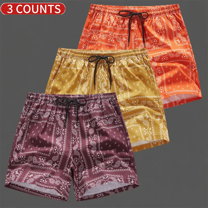 3 Pack Men Paisley Print Quick Dry Beach Shorts, Elastic Drawstring Waist Loose Knee Length Swim Trunks For Summer Beach Casual Daily Wear