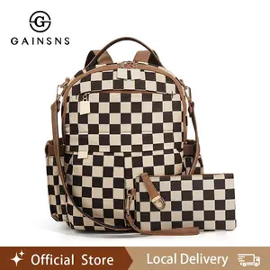 GAINSNS Checkered Plaid Travel Essentials Backpacks for Women 2026, 2-in-1 Casual Trendy Versatile High-quality Daily Commuting Bag Set with Luggage Strap, Large Shoulder Bag for Women for Daily Used