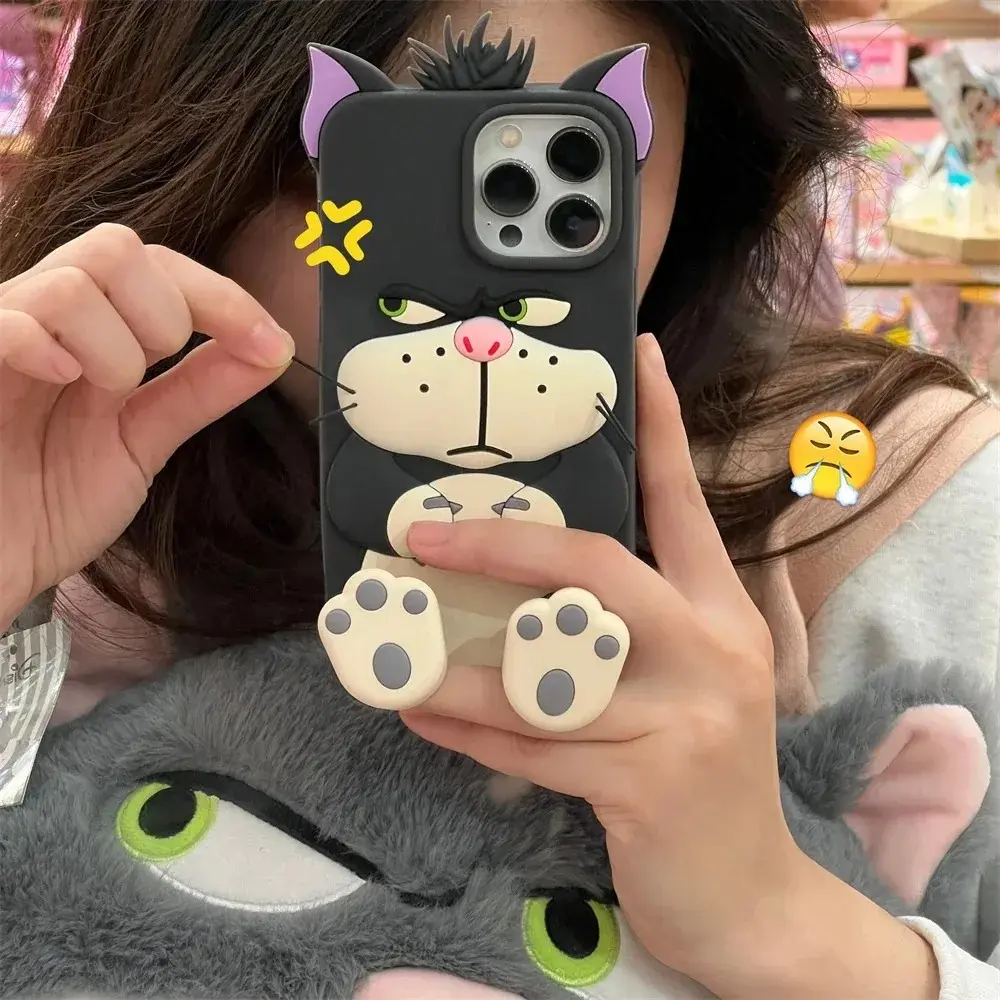 3D Lucifer Cat Cinderella Stretching Feet Cover For iPhone 11 12 13 14 15 16 Pro Max Cute Cartoon Bracket Case