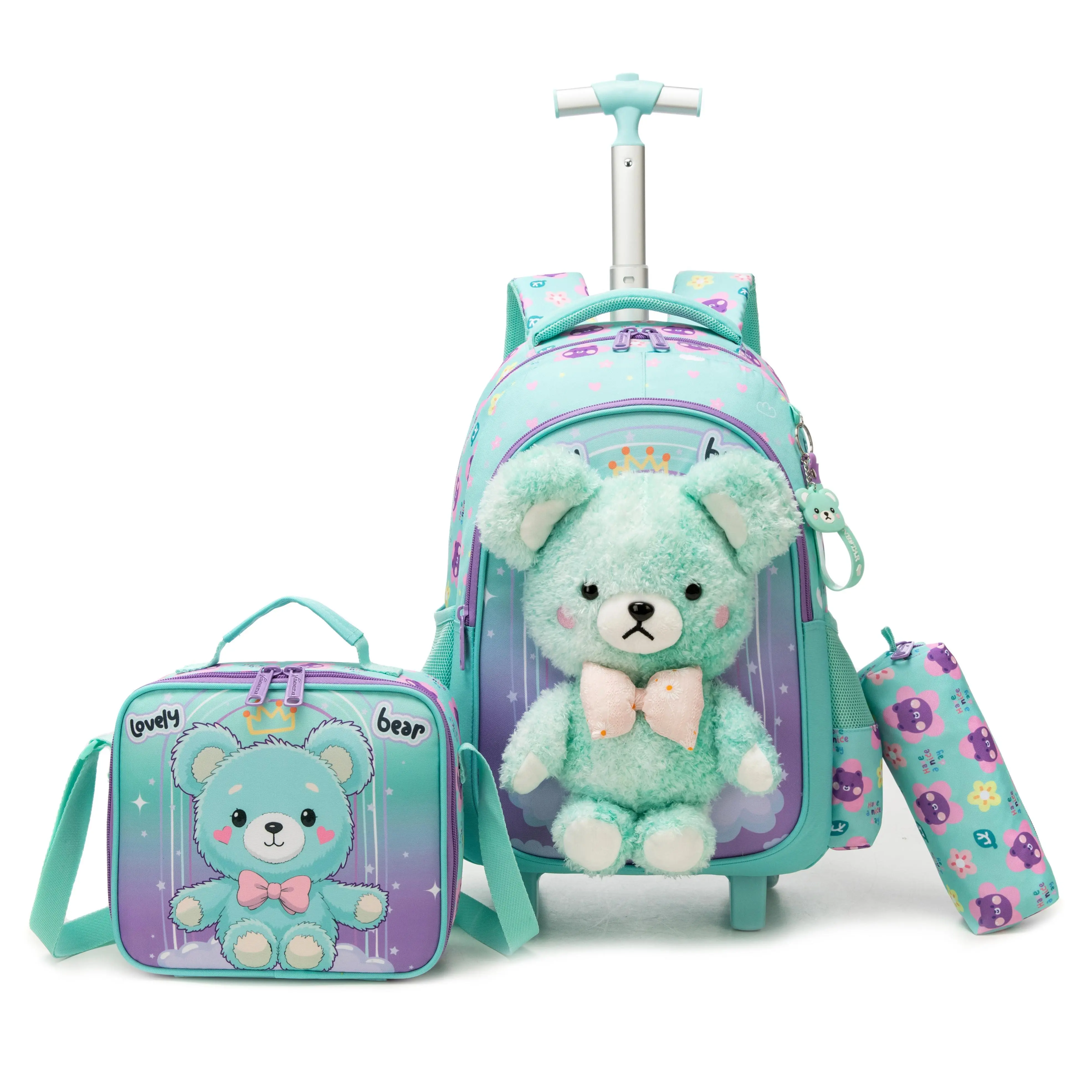 Girls' 3-Piece Mint Bear Rolling Backpacks Set, Plush Purple & Turquoise Teddy Bear School Bookbag with Lunch Box & Pencil Case, Multifunctional Wheeled Trolley Bag