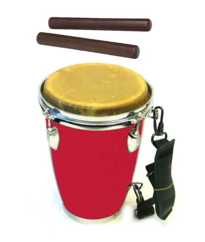 AFRICAN STYLE MINI CONGA DRUMS, RED COLOR, THICK COW HIDE, STEEL HARDWARE, WOODEN FRAME, SHOULDER STRAP & TUNING KEY WITH PAIR OF WOODEN CLAVES