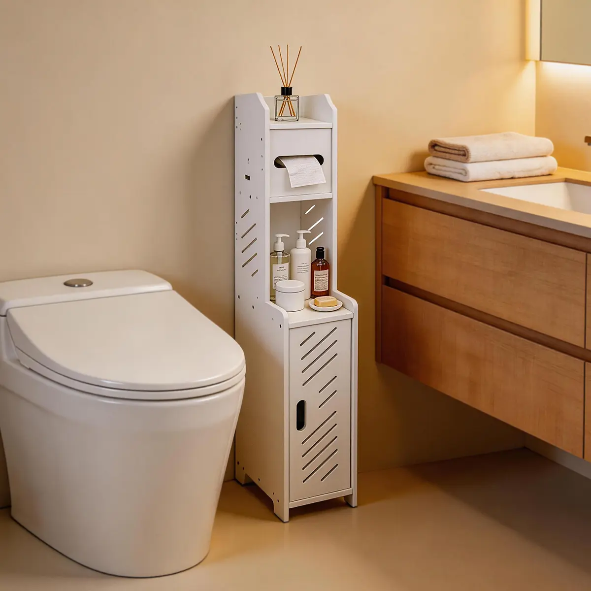 1PC Slim Toilet Paper Storage Cabinet, Freestanding Bathroom Organizer with Door & Shelf, Waterproof Narrow Floor Cabinet for Small Spaces, White