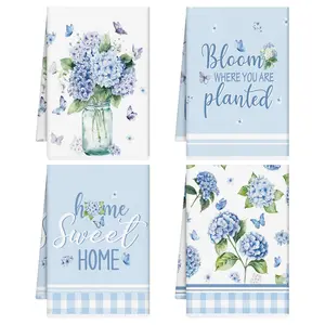 Blue Hydrangea Floral Kitchen Towels Set of 4, Spring Flowers Dish Towels, Hydrangea Vase Butterfly Hand Towel Decor for Kitchen Bathroom Tea Holiday Home Decoration Housewarming Gifts