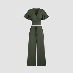 Cider [size 2-10] V-neck Solid Ruched Crop Top & Pants Matching Set