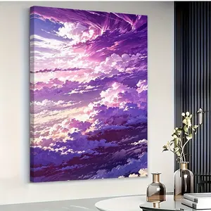 Exquisite 2D flat oil painting, purple cloud landscape painting, oil painting style poster, wall decoration, living room decorative art, solid wood frame, 16*24inch, 24*36inch, 2D flat effect