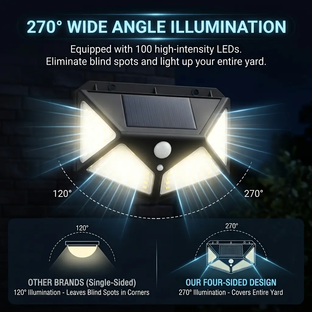 270° Solar Security Lights Outdoor 2 Pack – 100 LEDs, 3 Modes, Motion Activated, IP65 Waterproof Wireless Wall Lamps for Garage, Yard, Front Door