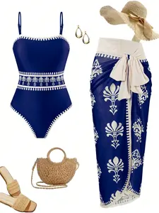 Navy Retro Floral Print One-Piece Swimsuit with Mesh Wrap Skirt Cover-Up, Tummy Control Slimming 2-Piece Swimwear Set with Adjustable Straps