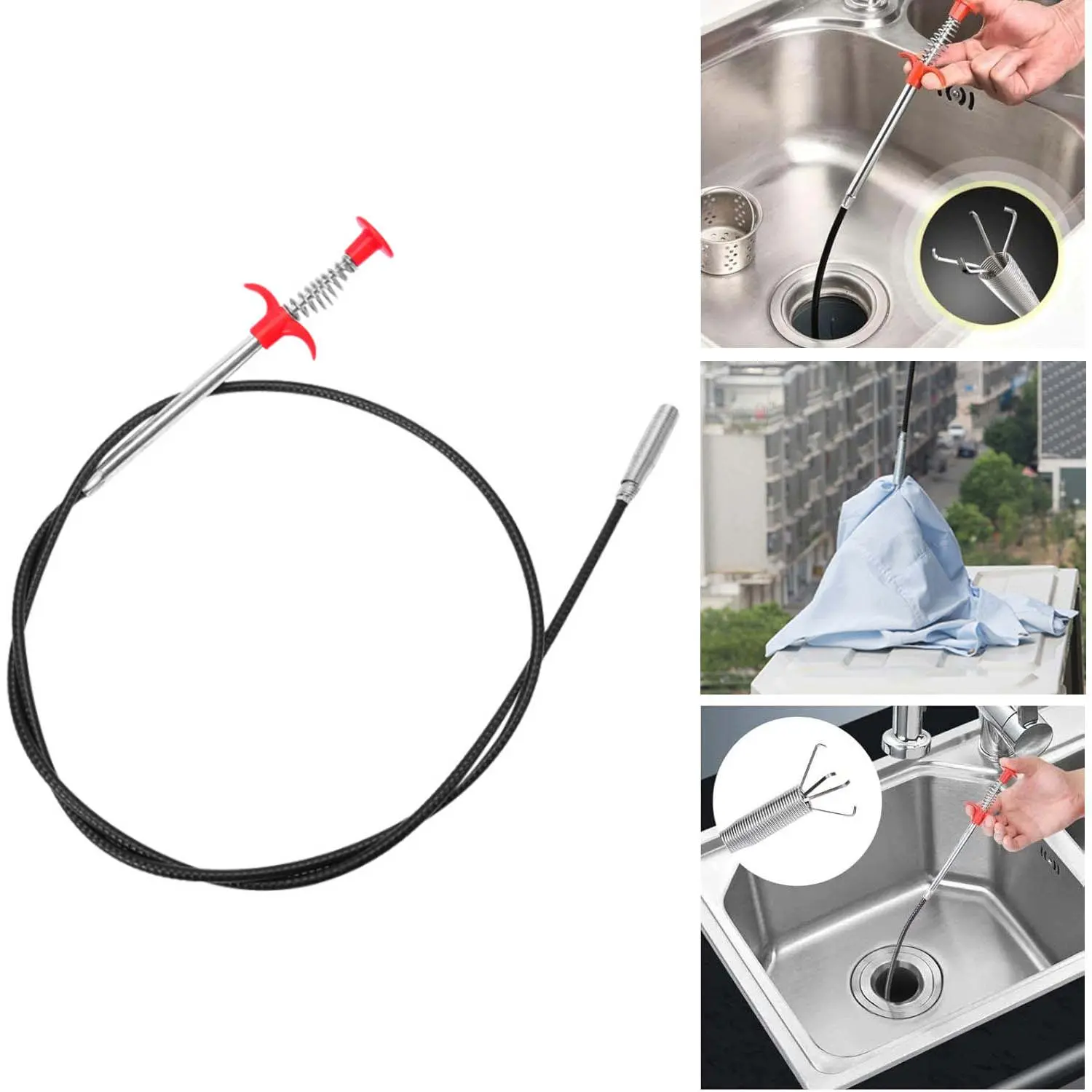 79-Inch Portable Flexible Grabber Drain Clog Remover, Bendable Reusable Pick Up Device with 4 Spring Action Claws, Chemical-Free Essential Home & RV Plumbing Tool, Compact Easy to Store