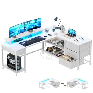 L Shaped Gaming Desk with 4 Drawers, 51" Reversible Computer Desk with Monitor Stand, Home Office Table with USB Port&LED Lights, L Shape Corner Office Desk with Open Shelves&Hooks, White