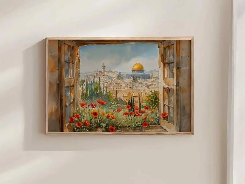 Watercolor Painting Of Al-Masjid An-Nabawi, Islamic Wall Art Featuring Green Dome And Minarets Through Archway, Muslim Poster For Ramadan