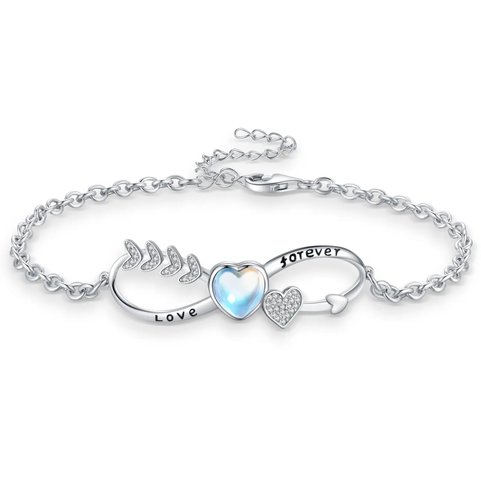 DRINSPER 925 Sterling Silver Infinity Heart Moonstone Bracelet for Women, Elegant Tarnish Resistant Jewelry, Hypoallergenic Birthday Gift, Infinity Bracelet Couples