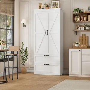 HOSTACK 70" Tall Kitchen Pantry Storage Cabinet with Barn Doors, Modern Storage Cabinet with Drawers, Adjustable Shelves
