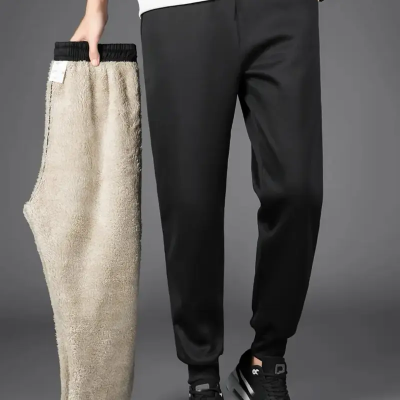 Men's Thermal Plain Joggers, Thick Fur Fleece-Lined Casual Pants, Warm Elastic Cuffs, Adjustable Waistband with Pockets, Outdoor Jogging Menswear Bottoms