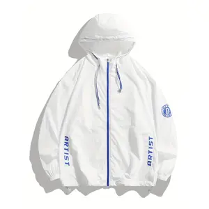 Men's Lightweight Breathable Hooded Jacket – Quick-Dry Zip-Up with "Artist" Letter Print, White & Blue Design, Ideal for Summer Outdoor Activities like Fishing & Hiking, Stylish and Versatile Mountain-Style Sports Coat, Hiking Clothes