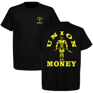 Union Money Muscle Bodybuilder Worker T-Shirt | Yellow Silhouette Strongman Lineman Shovel Graphic Top | Athletic Fitness Gym Laborer Strength Mens Hardcore Streetwear Style