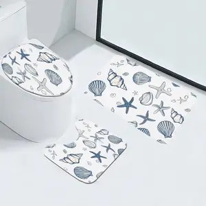 Luxury Starfish Shell Bathroom Non-Slip Mat Set, Floral Pattern, Soft Absorbent, Comfortable, Indoor Use, Home Toilet Pad, Decorative Bath Rug
