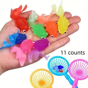 Soft Rubber Goldfish & Fishing Net, 8 Counts Floating Water Float Simulation Soft Rubber Fish & 3 Counts Fishing Net, Random Color Summer Party Decoration Supplies
